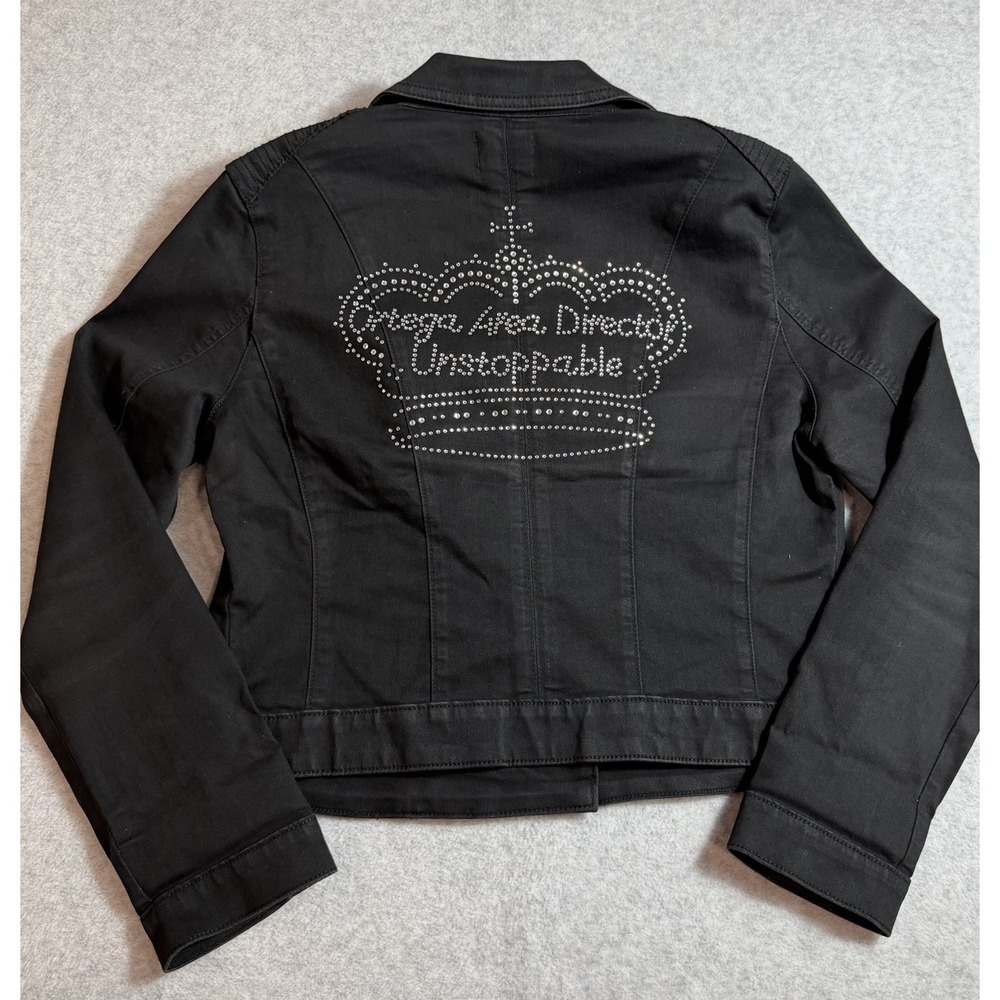 ELLE Denim Jean Jacket Womens Size L Black Unstoppable Rhinestone Crown